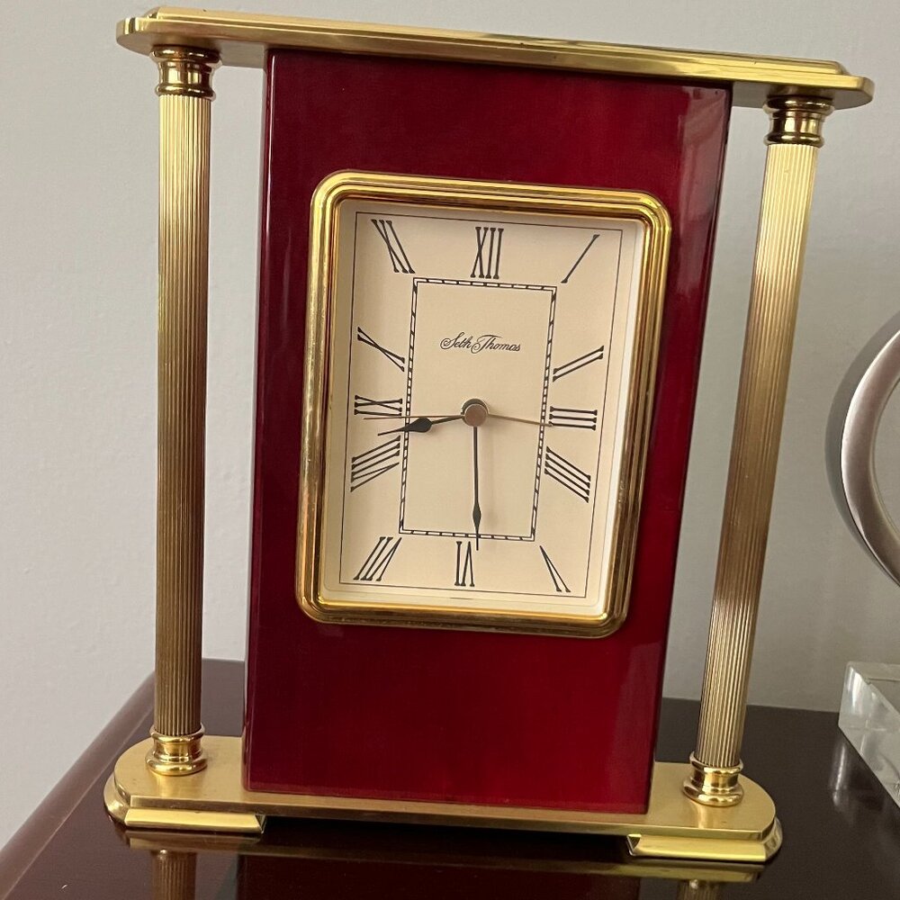 Seth Thomas “Stratton” Brass & Mahogany Quartz Clock